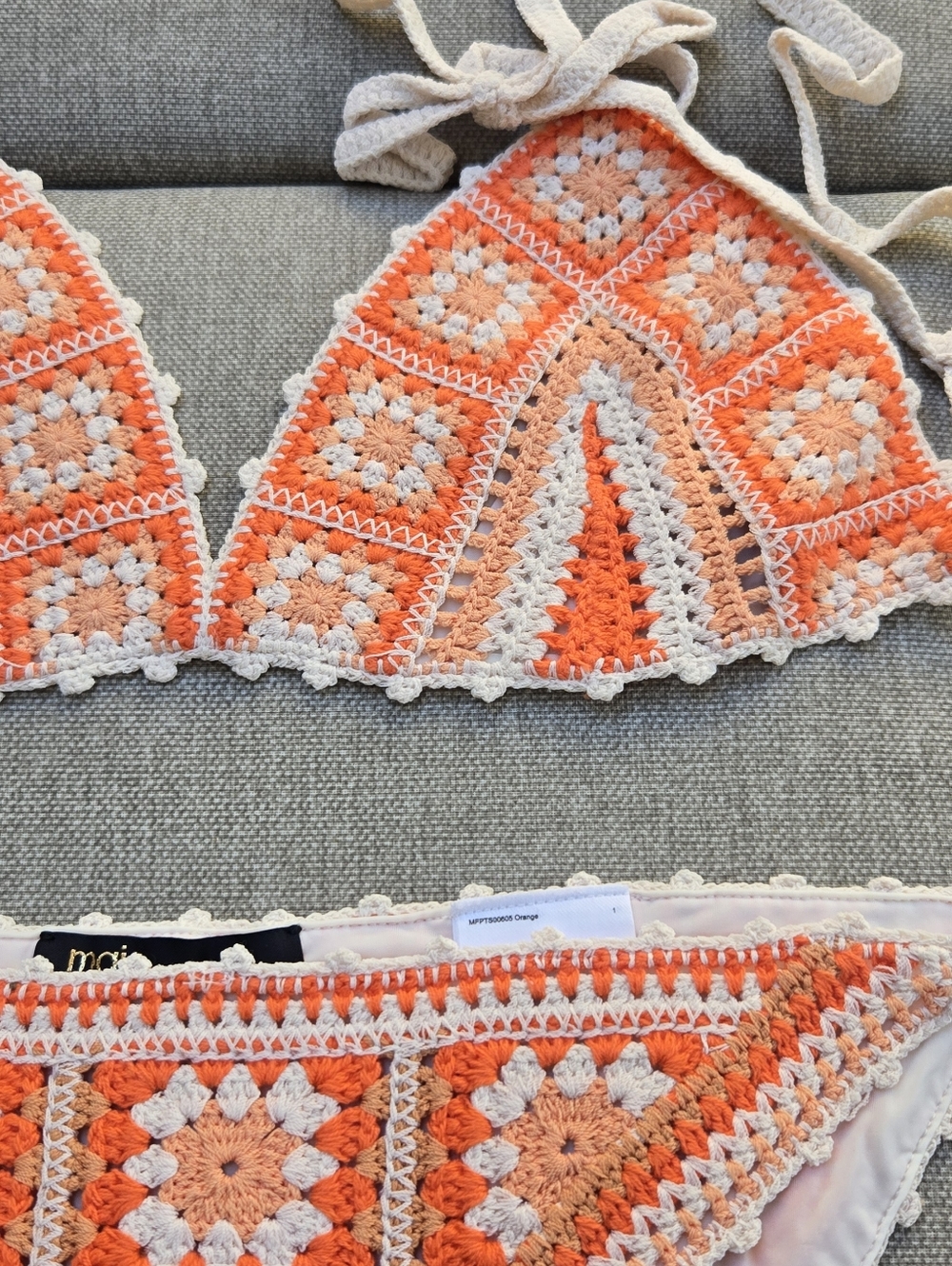 Maje Crochet Triangle Bikini Set in Peach and Cream - Women's Swim - Picture 6 of 10